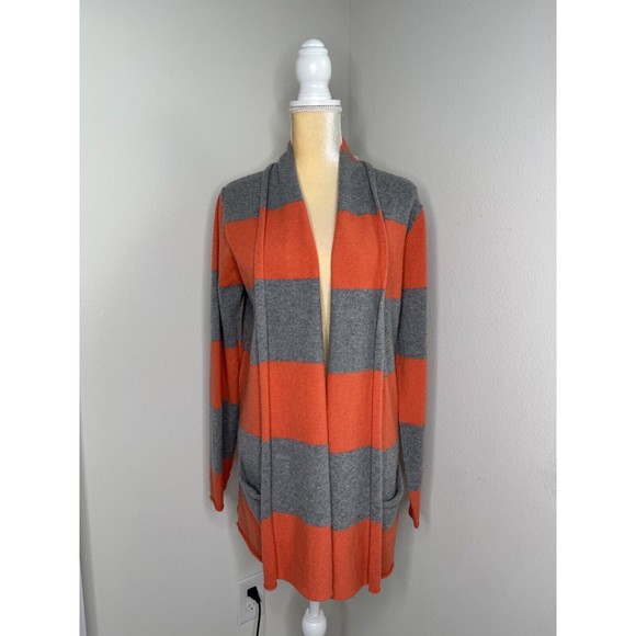Pure Amici Cashmere Cardigan Orange Gray Striped Open Front Pockets - Picture 2 of 12